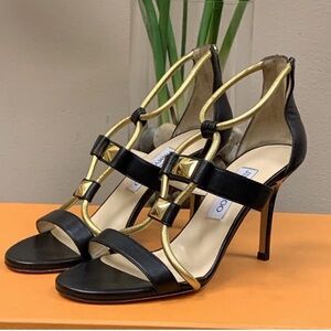 Jimmy Choo Black/Gold Leather Heeled Sandals Size 38